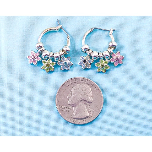 Vintage Pastel and Silver-Tone Flower Charm Earrings - Picture 2 of 3